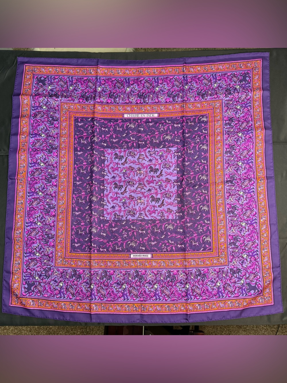 Hermes Silk Scarf Chasse En Inde Purple Orange India Hunter Tiger Elephant Horse